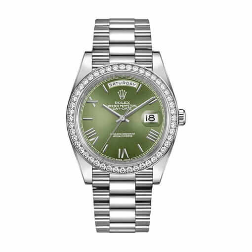 Rolex Day-Date 36 128348RBR Olive Green Dial Diamond Bezel President Bracelet Super Clone
